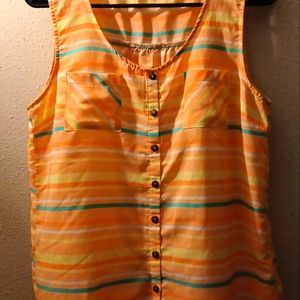 Vintage, soft orange color, multicolor stripes, pocket, buttons, tank top